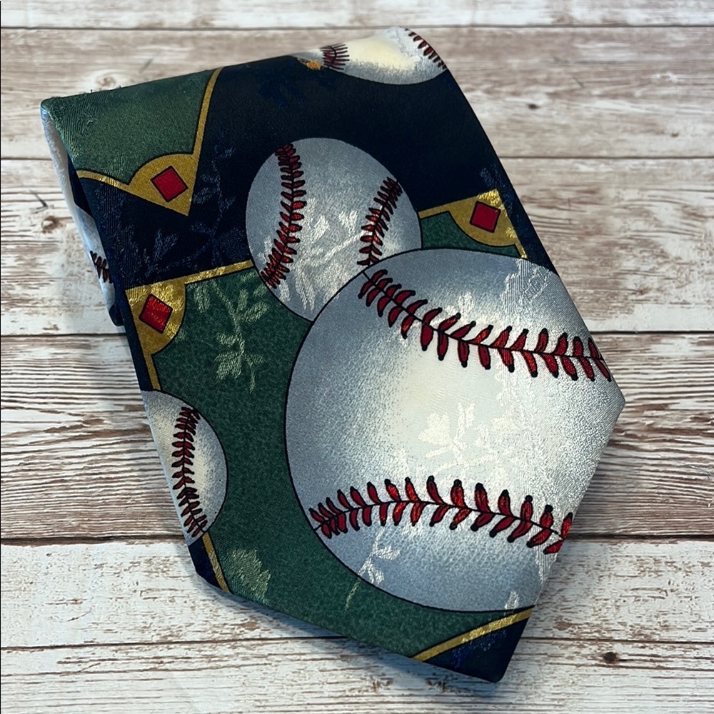 Renaissance Hand Made Baseball Themed Tie with Green and Red Accents